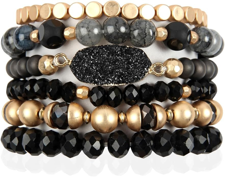 RIAH FASHION Bohemian Acrylic Druzy Multi-Layer Bead Statement Bracelet - Versatile Faux Stone Pe... | Amazon (US)