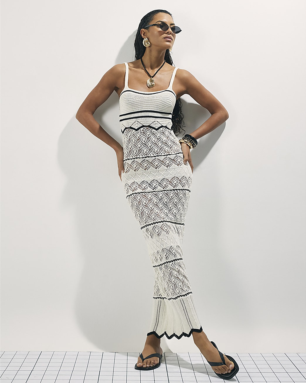 White Striped Knit Midi Dress | River Island UK & IE