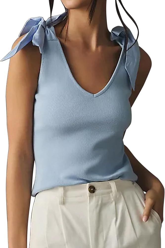 Women's Bow Tie Shoulder Strap Knit Tank Tops V Neck Slim Fit Casual Tie Strap Sleeveless Knit To... | Amazon (US)