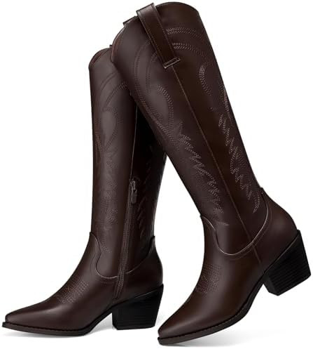 TEMOFON Cowboy Boots for Women Cowgirl: Knee High Pointed Toe Chunky Heel Wide Calf Booties with ... | Amazon (US)
