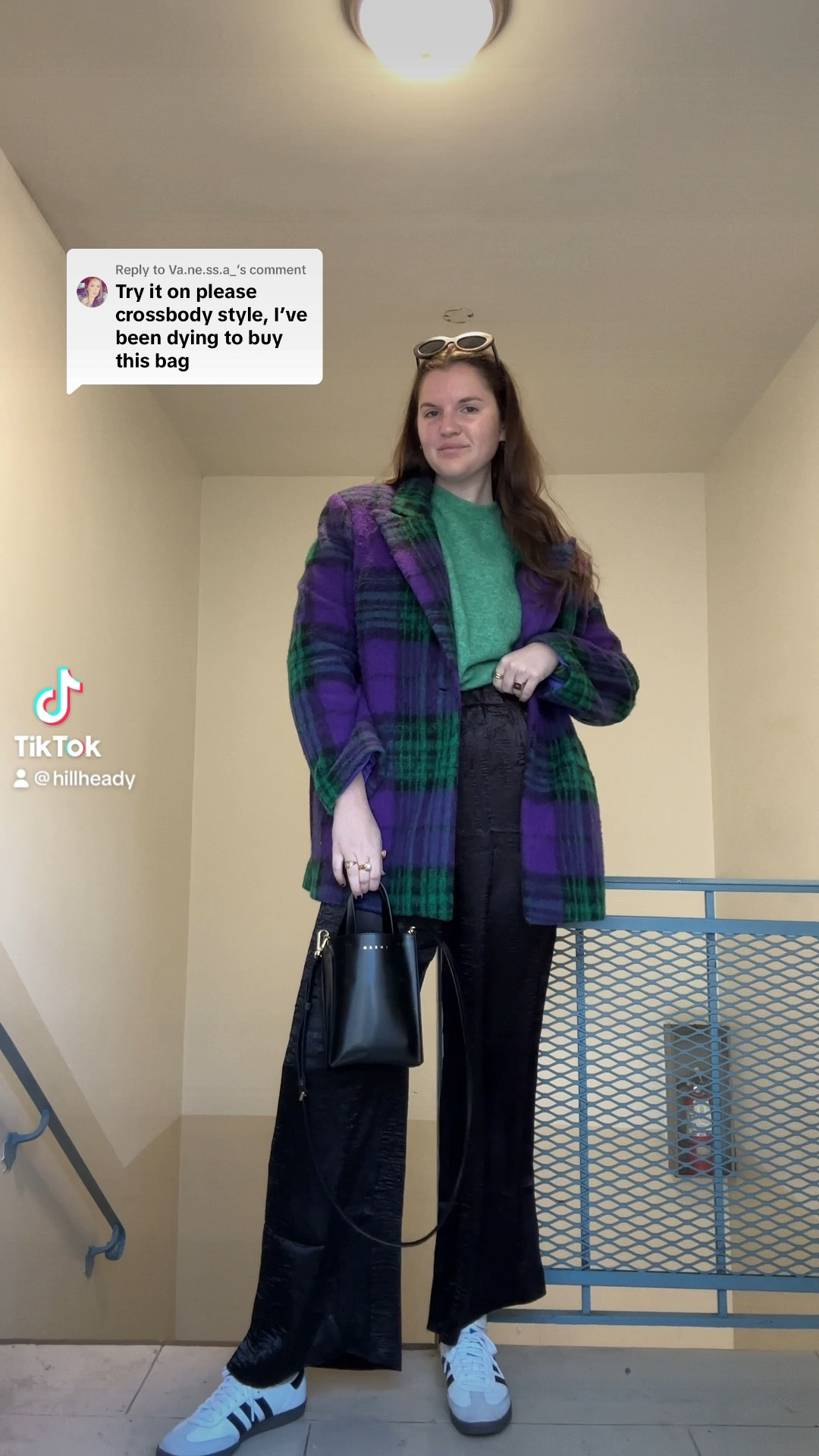 sezane, fall / winter, sezane paris mohair and merino wool long-sleeve jumper, louise meadow green sweater, long sleeve, Marni Museo Nano leather tote bag, Farfetch, on sale now, designer handbag, crossbody, fall / winter, black and neutral, Topshop crinkle satin pull on wide leg pants in black, asos, casual outfit, comfy clothes, comfy shoes, gold jewelry from Amazon (hoop earrings, rings), Joyingtwo Womens Ankle Casual Socks Lace Ruffle Low Cut Knit Cotton Lettuce Socks for Women Girls, adidas OG samba shoes, black and white sneakers, budget friendly, affordable, black sunglasses, ASOS DESIGN smart grandad wool mix jacket in purple check, outerwear, purple and green plaid coat 

#LTKstyletip #LTKfindsunder50 #LTKfindsunder100