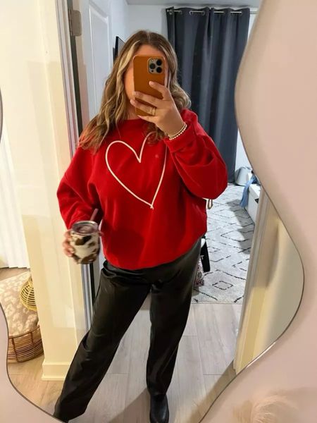 Valentine’s Day outfit, red heart graphic sweater, Abercrombie vegan leather pants, teacher outfit, Valentine’s Day sweater, Valentine’s Day teacher outfitt

#LTKmidsize #LTKSeasonal #LTKstyletip