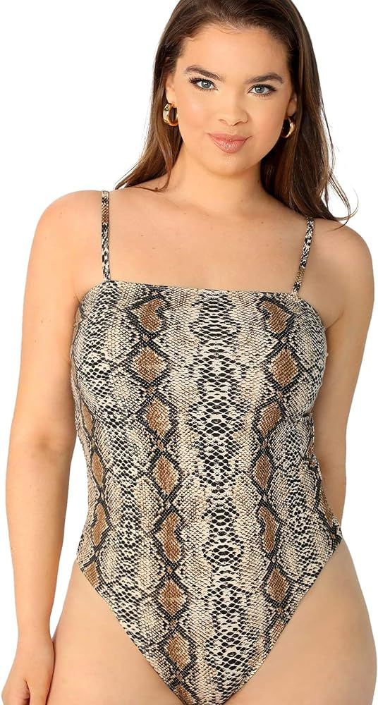 Milumia Women Plus Size Sexy Snake Skin Print Cami Bodycon Bodysuit Tops | Amazon (US)