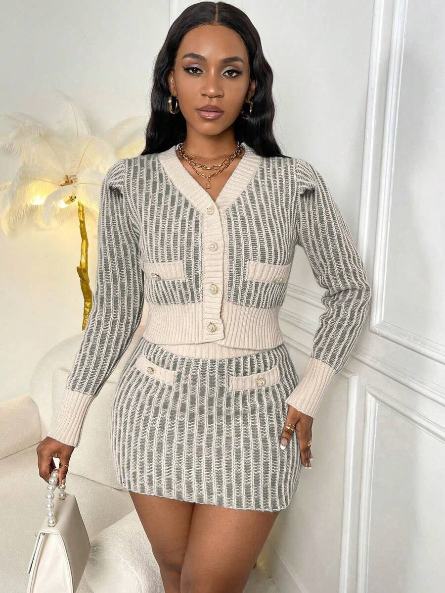 SHEIN VaVaLuxe 2pcs/Set Women V-Neck Front Button Full Print Long Sleeve Top And Knitted Skirt | SHEIN