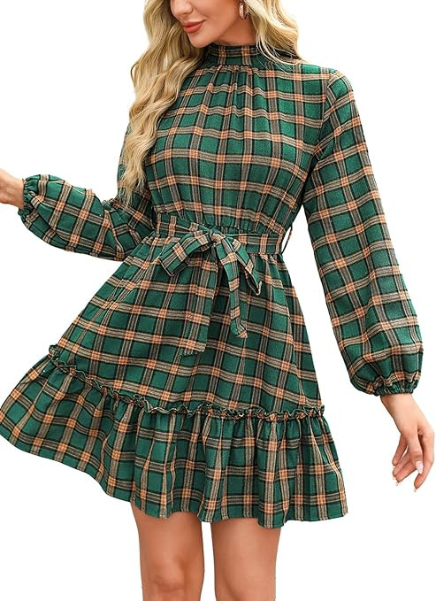 CUPSHE Women's Mini Dress High Neck Plaid Long Sleeve Belted Ruffled Hem Short Dresses | Amazon (US)