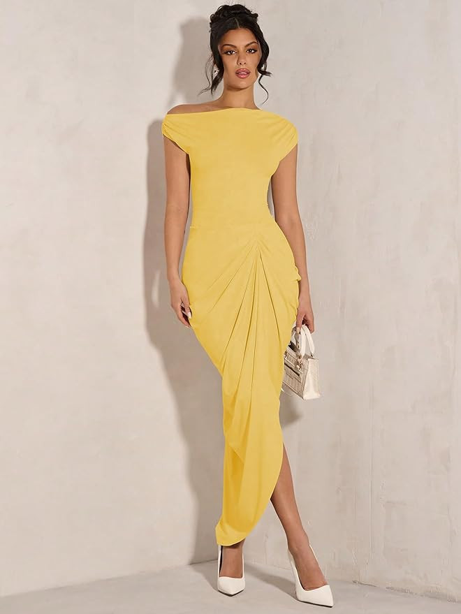 Floerns Women's Elegant Long Dress Asymmetrical Off Shoulder Ruched Slit Bodycon Cocktail Dresses | Amazon (US)