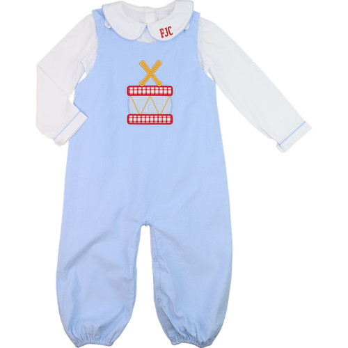 Blue Corduroy Applique Drummer Boy Long Romper Set | Cecil and Lou