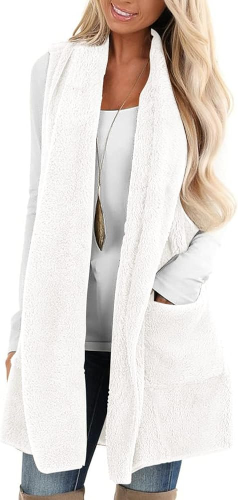 ReachMe Womens Sleeveless Sherpa Vest with Pockets Lapel Open Front Fleece Cardigan Sweater Fuzzy... | Amazon (US)