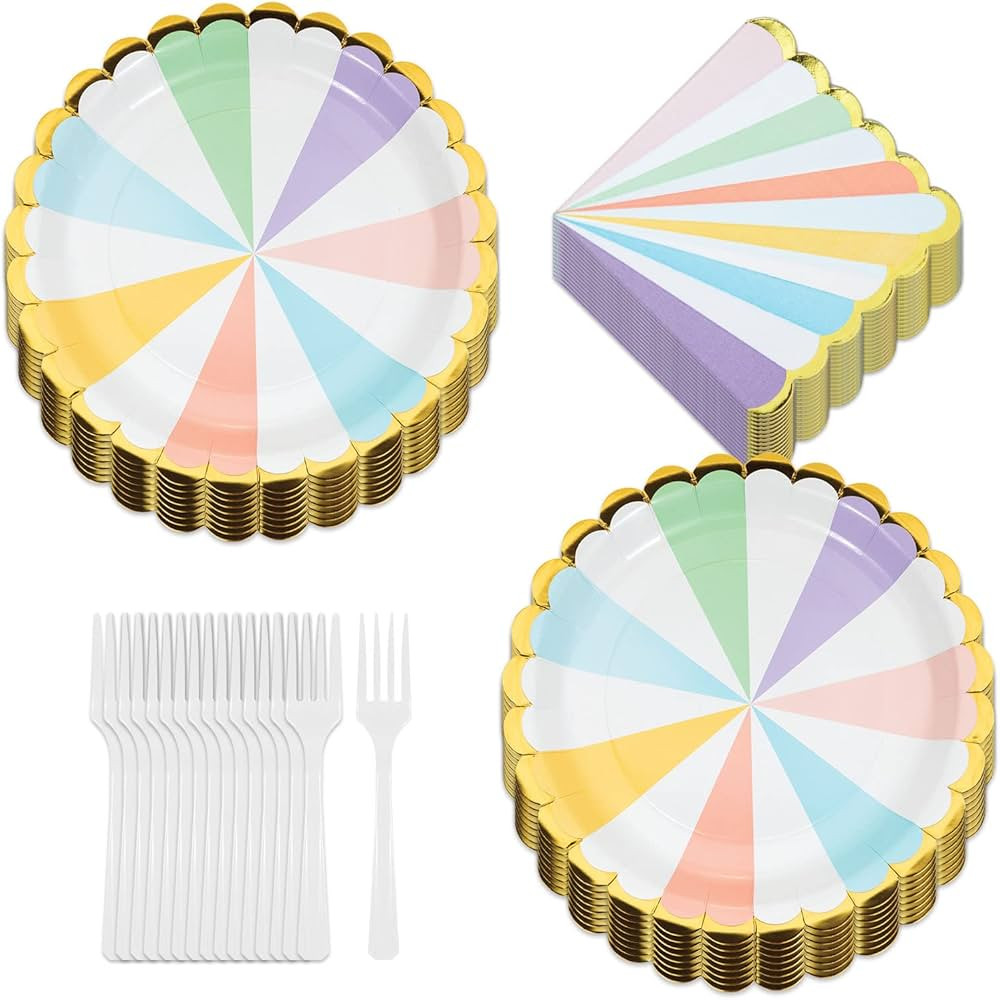 Deluxe Gold Trimmed Pastel Rainbow Scalloped Paper Dinner Plates, Luncheon Napkins, and Forks (Se... | Amazon (US)