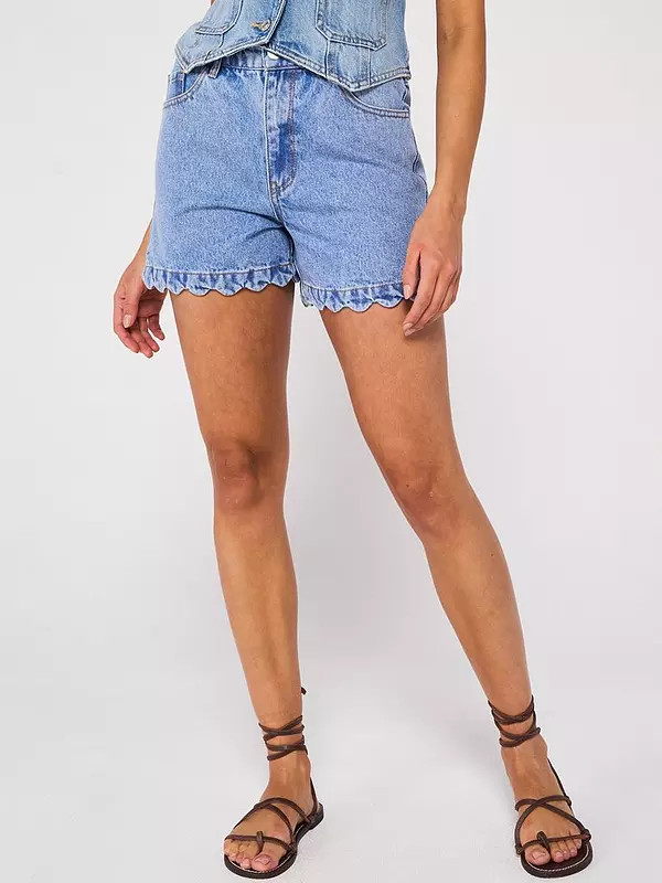 V by Very Scalloped Hem Denim Shorts - Mid Wash | Very (UK)