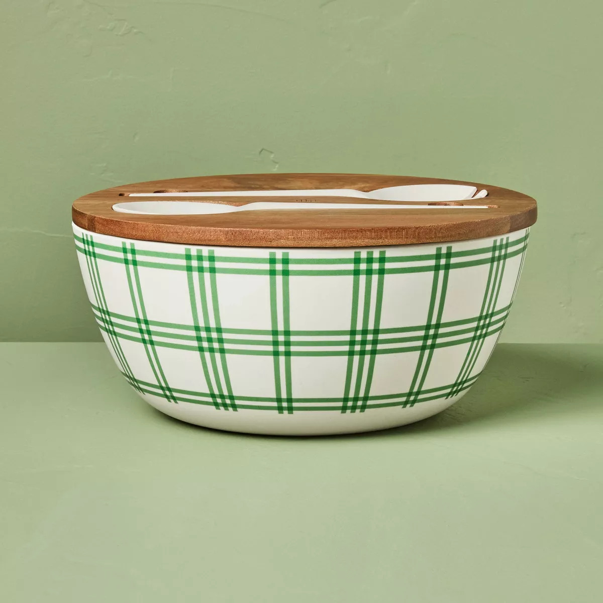 4pc Tri-Stripe Plaid Melamine Serving Bowl and Utensil Set Green/Cream - Hearth & Hand™ with Ma... | Target