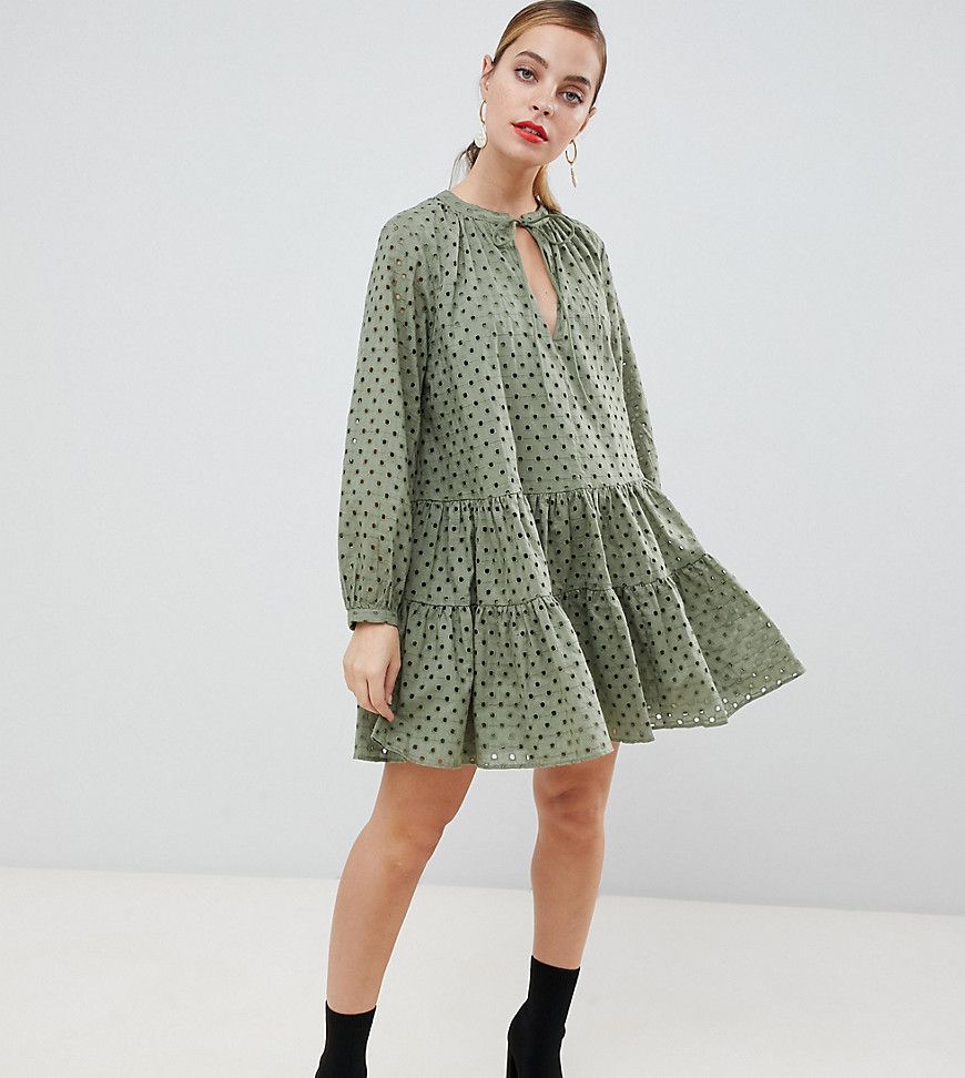 ASOS DESIGN Petite tiered trapeze mini dress in broderie - Green | ASOS US