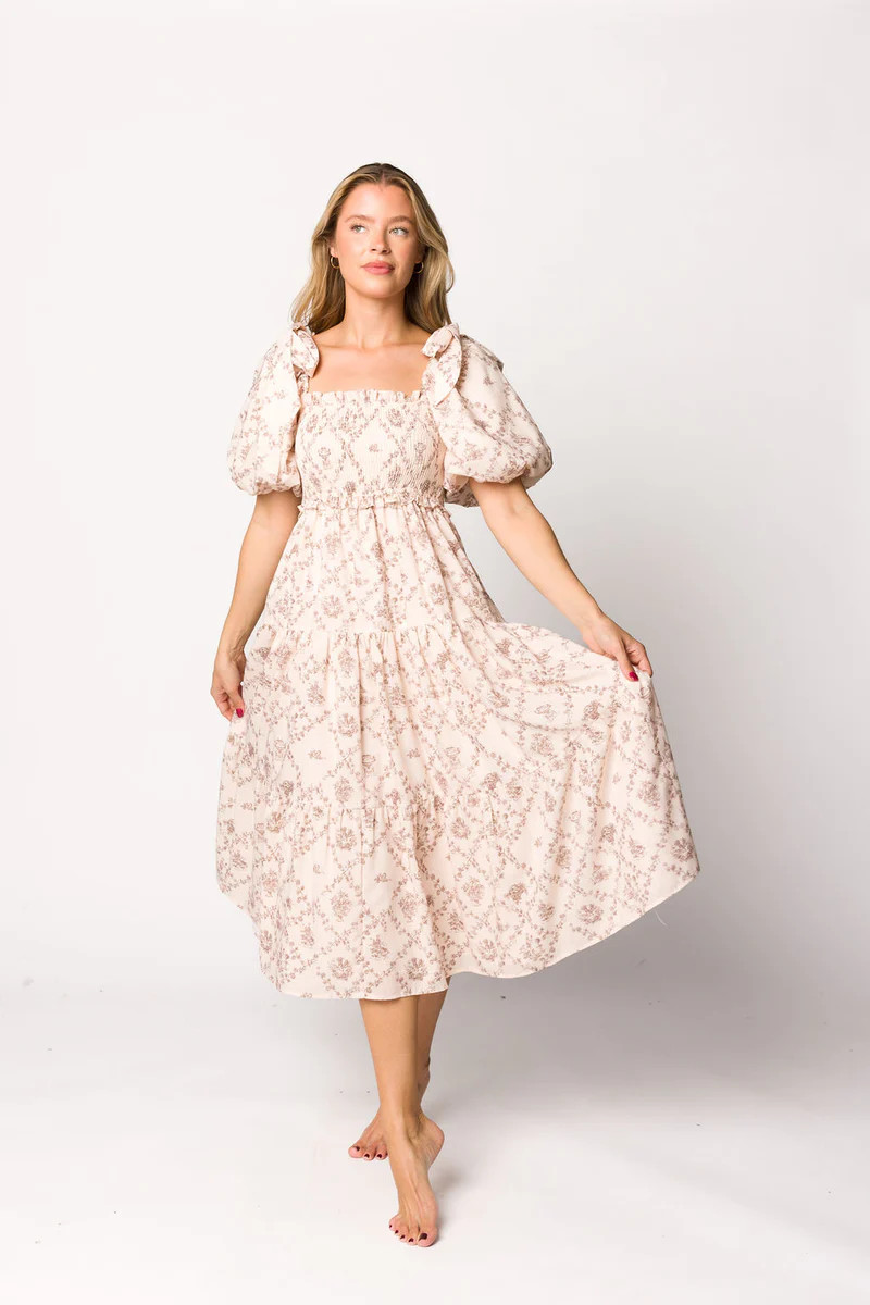 Elena Toile Print Smocked Midi Dress in Mocha | Worth Collective