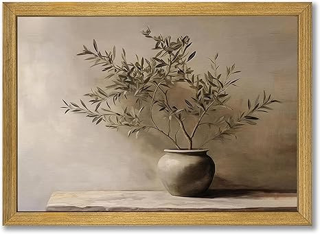 Wood Framed Olive Tree Canvas Wall Art, Minimalist Botanical Plant Vase Painting, Rustic Farmhous... | Amazon (US)