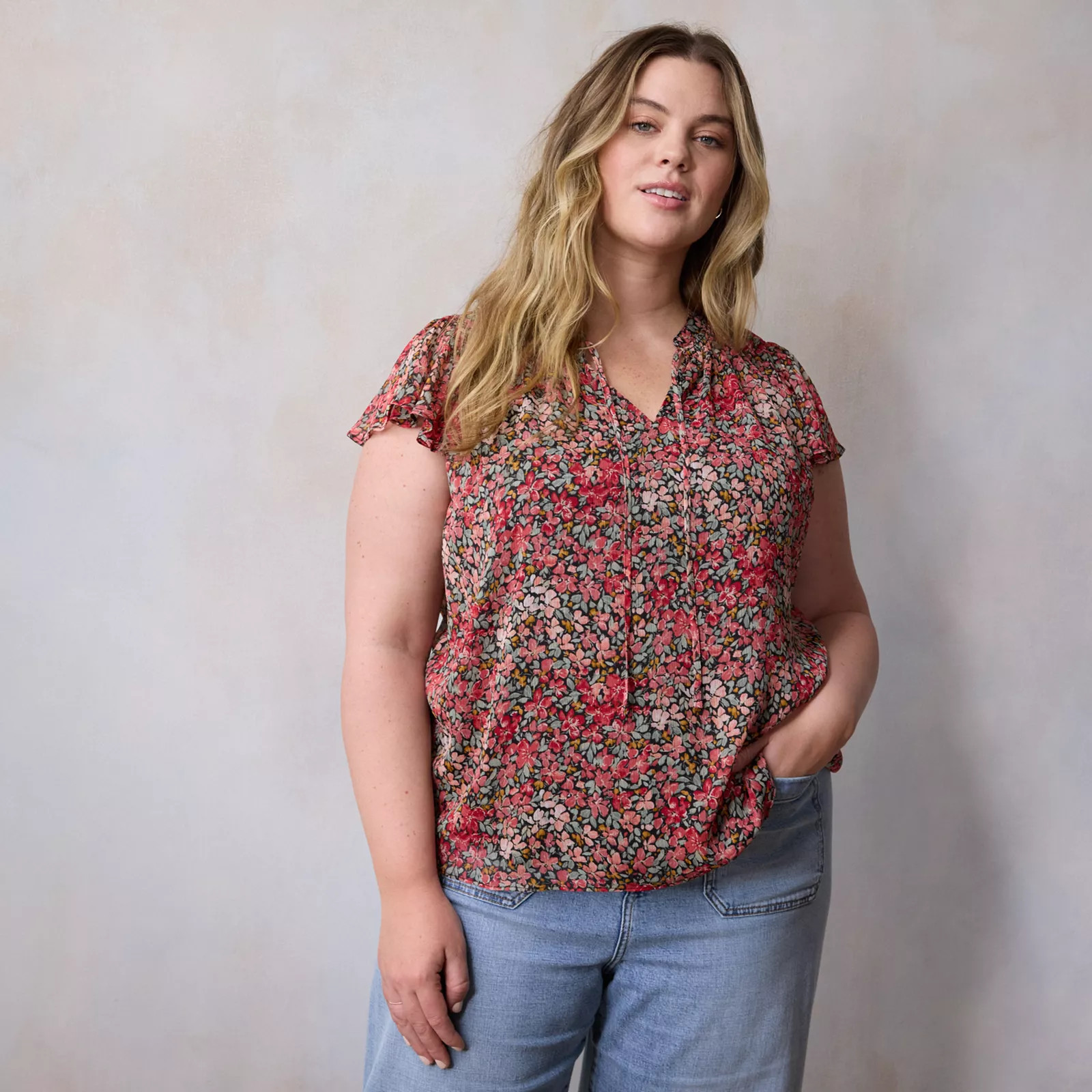 Plus Size LC Lauren Conrad Tie Front Ruffled V-Neck Shell | Kohl's