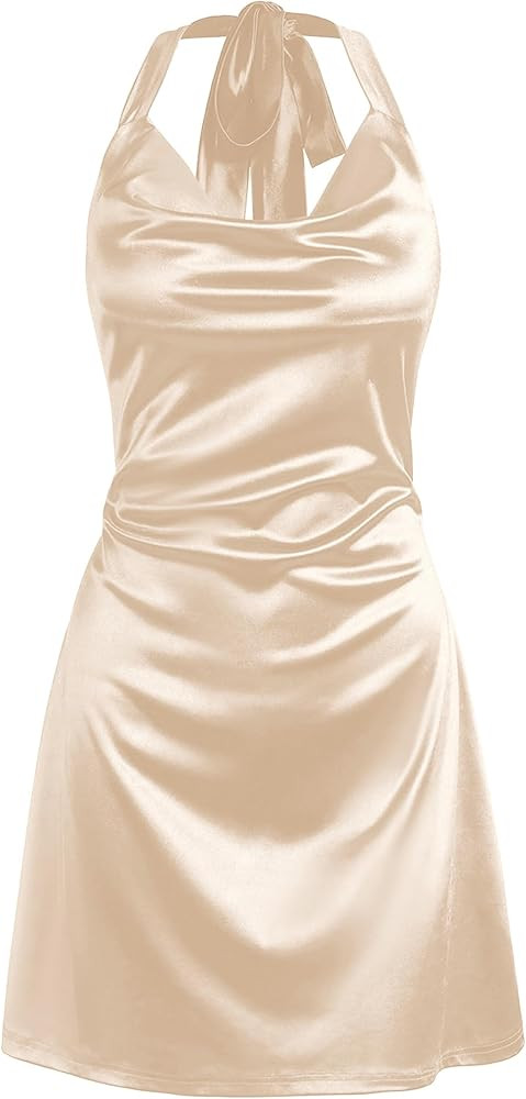 ZAFUL Women Halterneck Satin Mini Dress Sexy Cowl Neck Silky Party Cocktail Club Dress | Amazon (US)