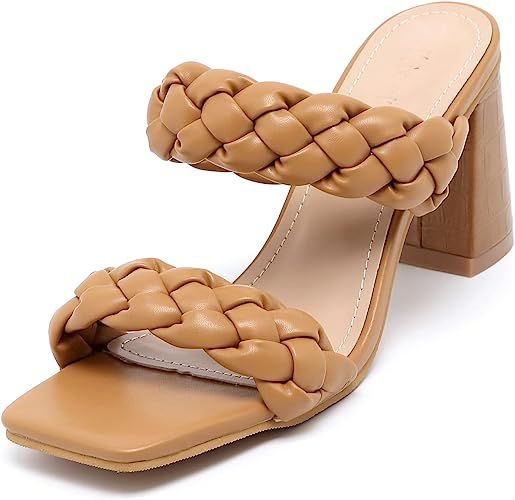 Sandalias de tacón para mujer, sin espalda, cuadradas, trenzadas, con puntera abierta, sin cordo... | Amazon (US)