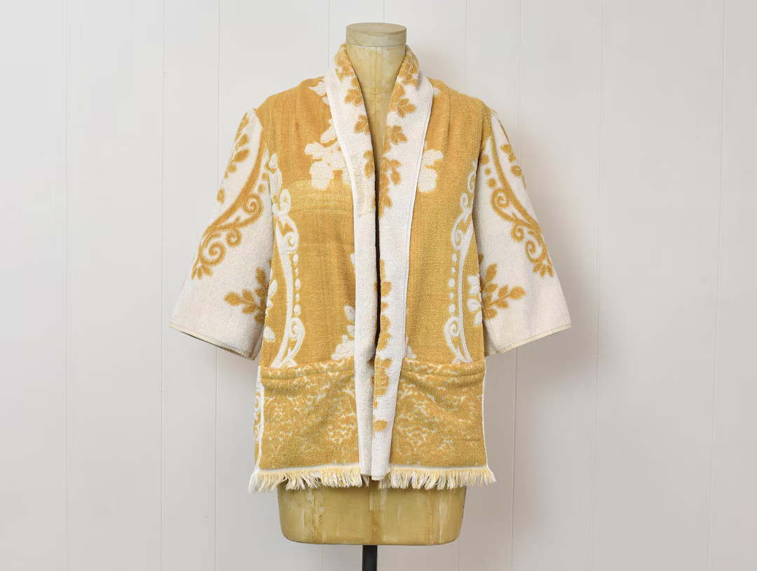 1960s Style Tan White Floral Print Cotton Handmade Upcycled Vintage Towel Cover up Top Blouse Shi... | Etsy (US)