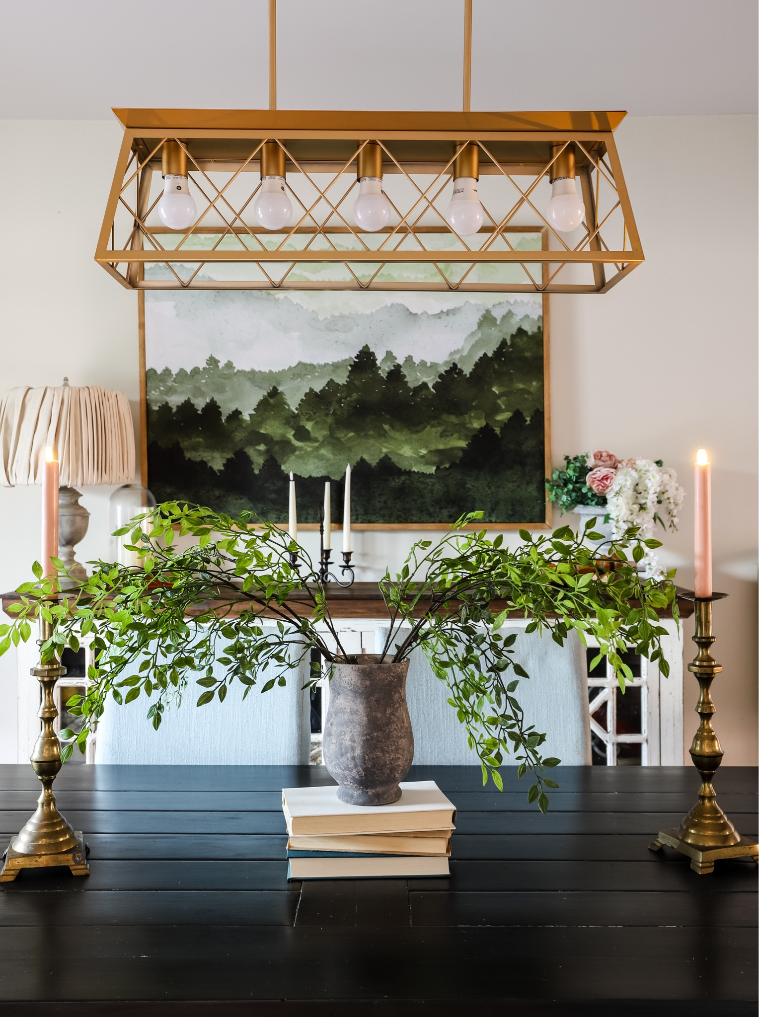 Spring dining room decor, spring florals, ceramic lamp, budget art, budget decor, Neutral spring decor, brass candle holders, spring decor , spring home accessories, cozy home decor, spring home decor, console table, spring art, table lamp, gold chandelier 

#LTKstyletip #LTKhome #LTKSeasonal