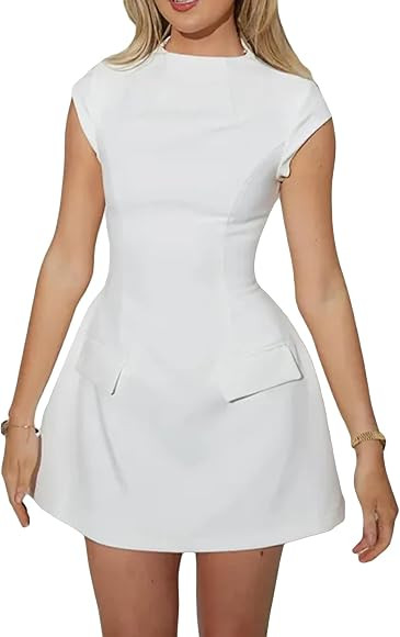 FeMereina Women Cap Sleeve Mini Dress Sleeveless Sundress Mock Neck The Ultimate Muse A-Line Eleg... | Amazon (UK)