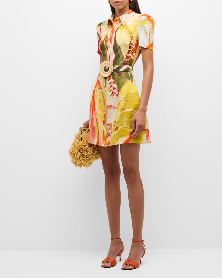 LEO LIN Bronte Floral Linen-Blend Belted Mini Dress | Neiman Marcus