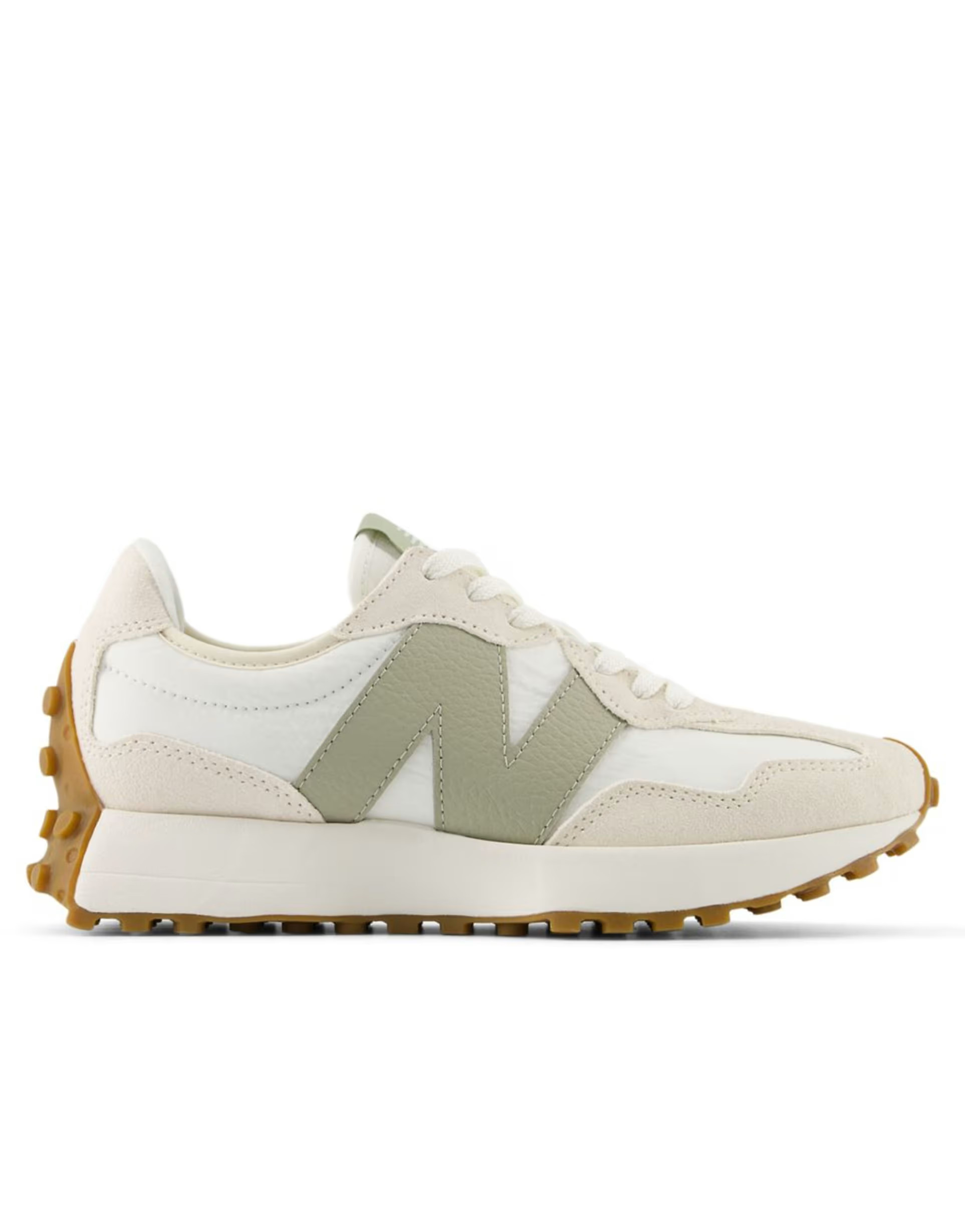 New Balance 327 sneakers in white and beige with light green detail | ASOS (Global)
