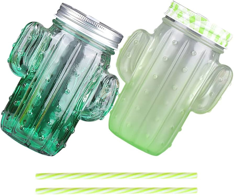 EXCEART 2 Sets Cactus Glasses Iced Coffee Mug Drinking Cup Funny Mason Jar with Lid and Straw Win... | Amazon (US)