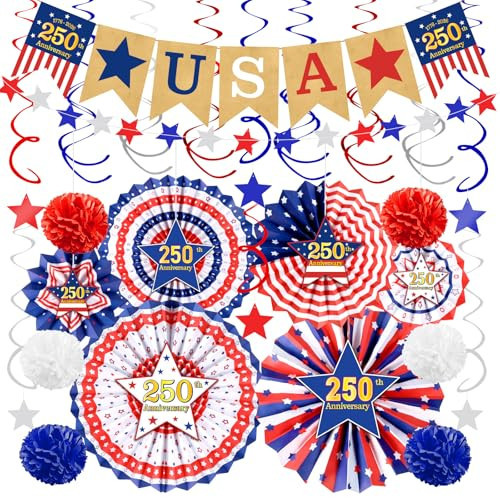 DPKOW 32Pcs 250th Anniversary American Decorations 4th of July Garland Bunting Banner Paper Fans Pompom Hanging Swirls Set, Fourth of July Party Favor Supplies Patriotic Decorations 250th Memorial Day | Amazon (US)
