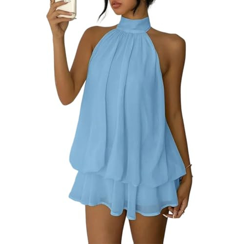 GCZREN Women Elegant Sleeveless Backless Halter Tie Mini Dress Summer Ruffle Tiered Layered Pleated Chiffon Party Dress Blue | Amazon (US)
