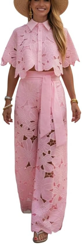 Womens Eyelet Floral Embroidery 2 Piece Set Cropped Top & Belted Wide-Leg Pants Beach Vacation Ou... | Amazon (US)