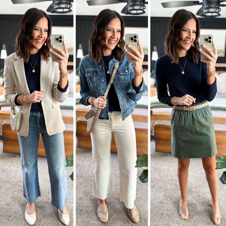 Spring Capsule Wardrobe (Navy Sweater Styling) 

Sweater (size up, I’m in a medium) 
Light wash jeans (26 long) 
Ivory jeans (size up one or two sizes. I’m in a 4) 
Blazer (small) 
Green skirt (size 2) 
Denim jacket (small)

#LTKfindsunder100 #LTKstyletip #LTKfindsunder50