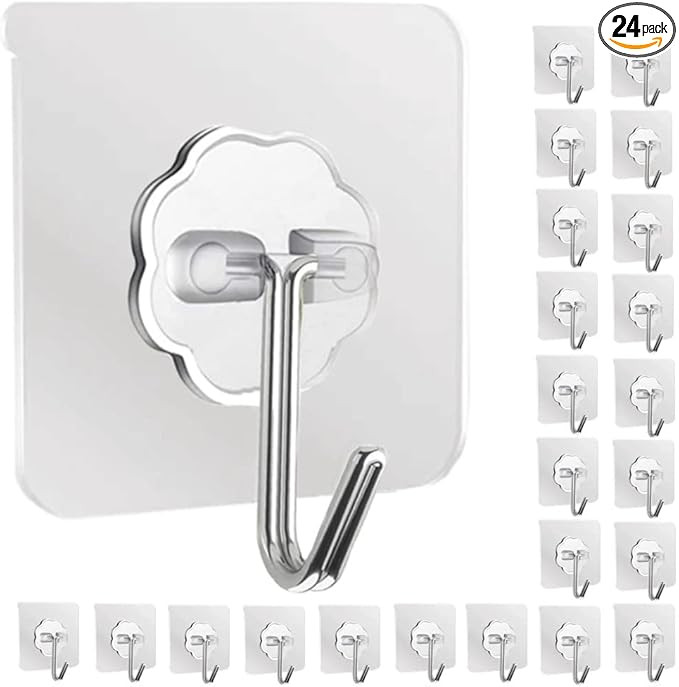 DDMY Adhesive Hooks Wall Hooks, 24 Packs Hooks for Hanging Transparent Reusable Seamless Hooks 13... | Amazon (US)