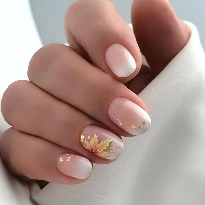 Thanksgiving Press on Nails Pink Fake Nails Short False Nails with Gold Foil Design Maple Leaves ... | Amazon (US)