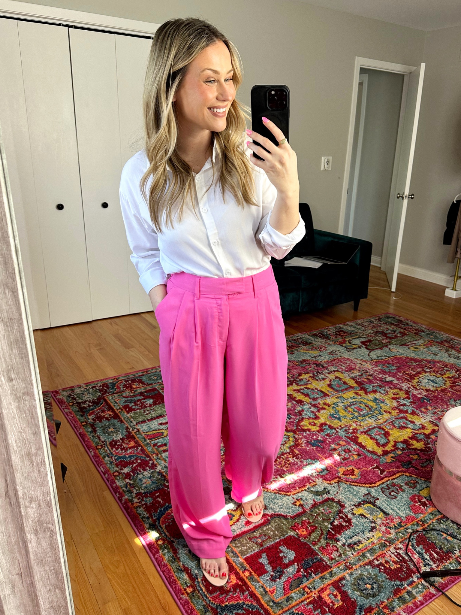 Spring outfit idea for the office / pink work pants and white button down top and I linked these clear heels! #businesscasual #workwear 

#LTKstyletip #LTKworkwear #LTKshoecrush
