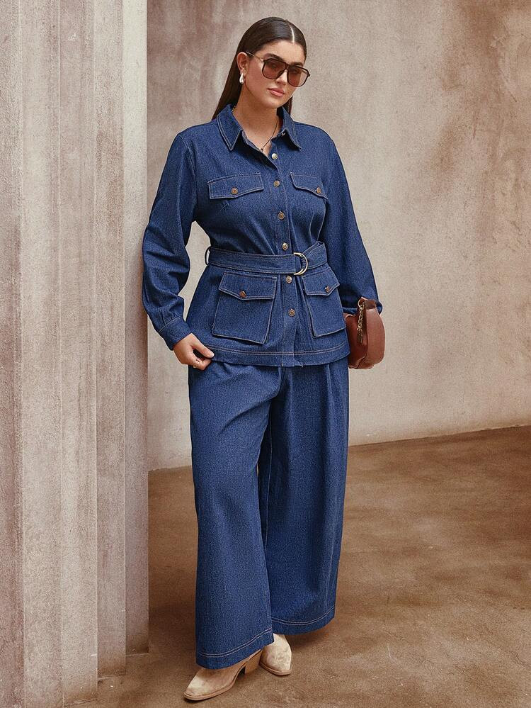 Sollinarry 2pcs/Set Plus Size Women's Denim-Like Solid Color Pocket Front Button Long Sleeve Top ... | SHEIN