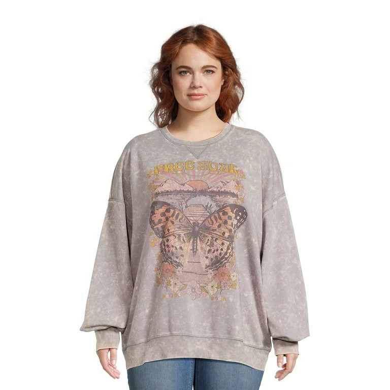 No Boundaries Juniors Plus Size Washed Graphic Crewneck Sweatshirt, Sizes 1X-4X | Walmart (US)