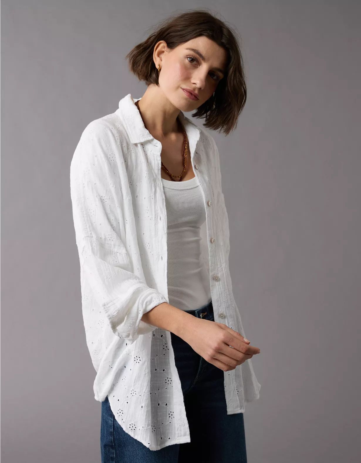 AE Eyelet Embroidered Go Big Shirt | American Eagle Outfitters (US & CA)