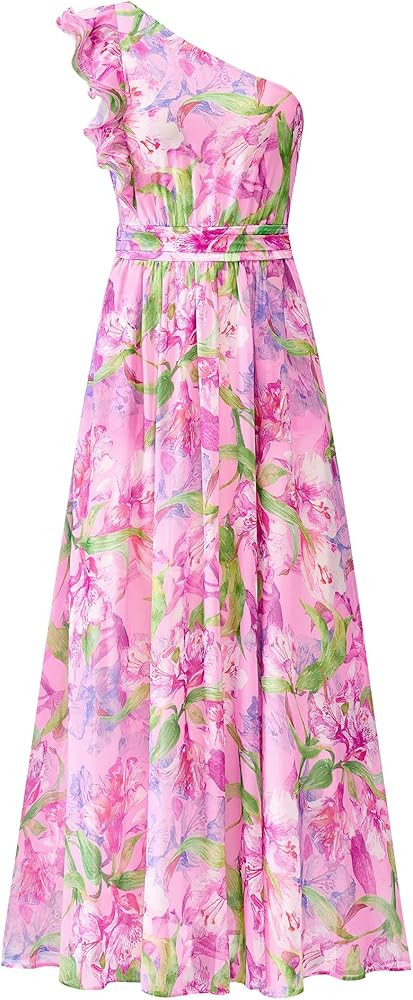 BTFBM Women Summer One Shoulder Floral Wedding Guest Dresses Sleeveless Smocked Ruffle Flowy Beac... | Amazon (US)