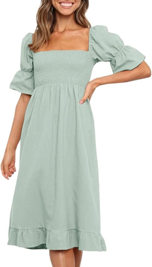 Angashion Women Square Neck Dress Solid Short Puff Sleeve Smocked Waist Knee Length Ruffle Summer... | Amazon (US)