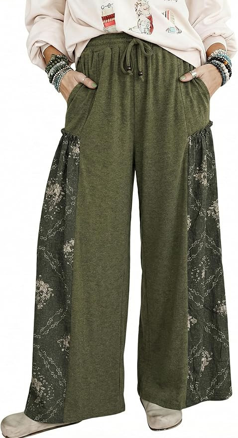 Athlisan Womens Wide Leg Pants High Waisted Lounge Palazzo Printed Baggy Trousers with Pockets | Amazon (US)