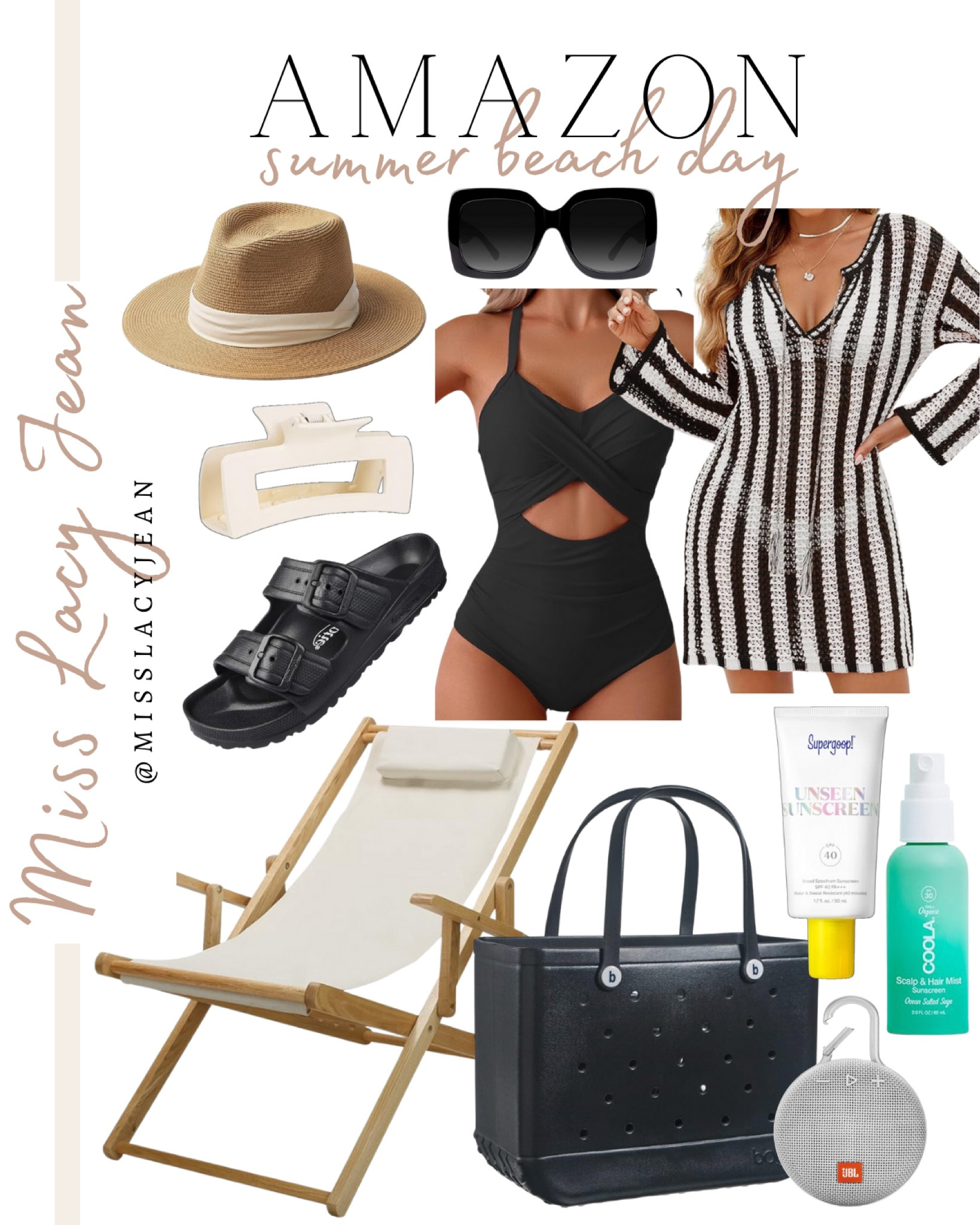 Amazon beach day finds include striped cover up, black swimming suit, sunglasses, Coola scalp spray, face sunscreen, Bogg Bag, waterproof speaker, beach chair, sandals, hair clip, and beach hat.

Beach day, swimming finds, summer must haves, outdoor finds

#LTKFindsUnder100 #LTKSwim #LTKStyleTip