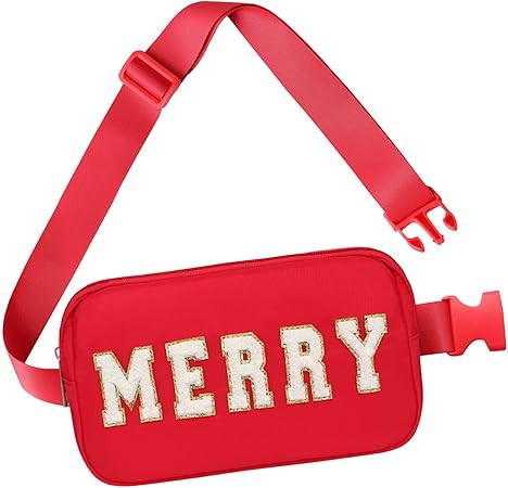 Christmas Fanny Pack, Merry Letter Belt Bag, Red Christmas Purse Crossbody Bag Nylon Adjustable S... | Amazon (US)