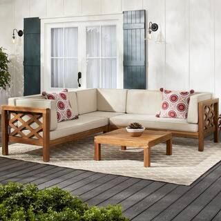 Willow Glen Farmhouse  Wood Outdoor Patio Sectional Sofa with Teak Finish, Beige Cushions, and Co... | The Home Depot
