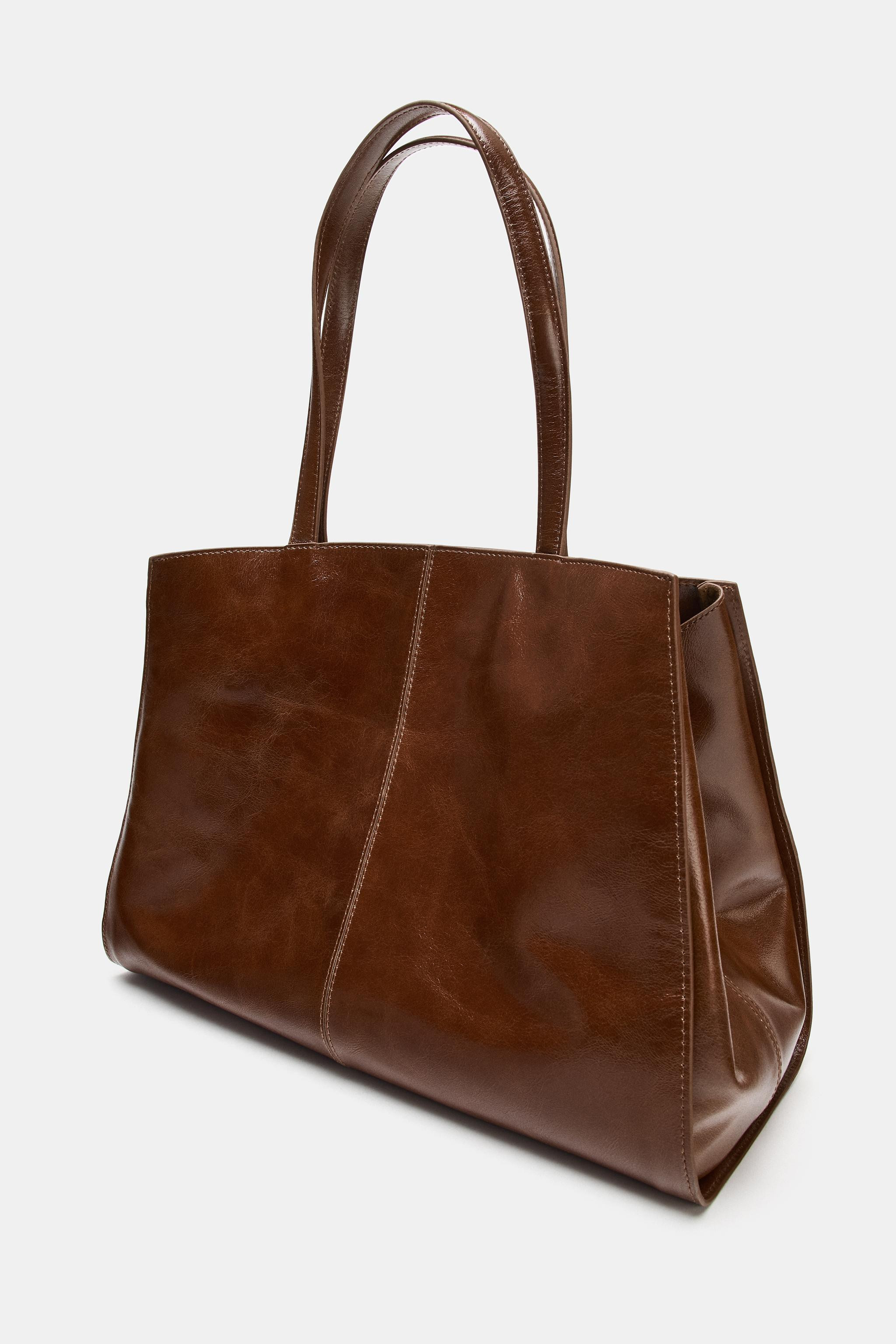 STITCHED LEATHER TOTE BAG | Zara UK