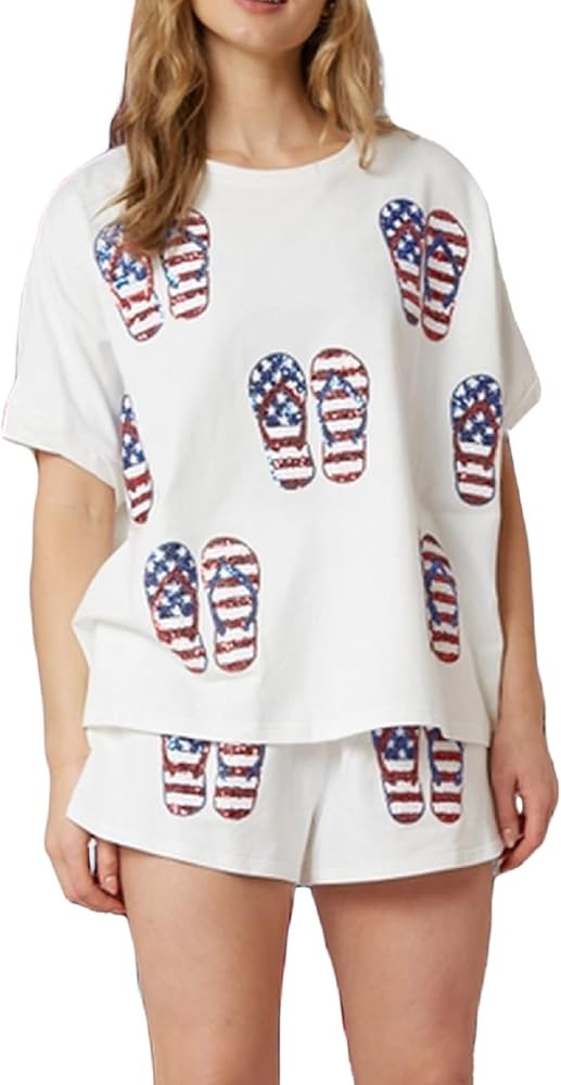 Luckinbaby Women Independence Day Sequins Outfits American Flag Loose T-Shirt Baggy Shorts 4th of... | Amazon (US)