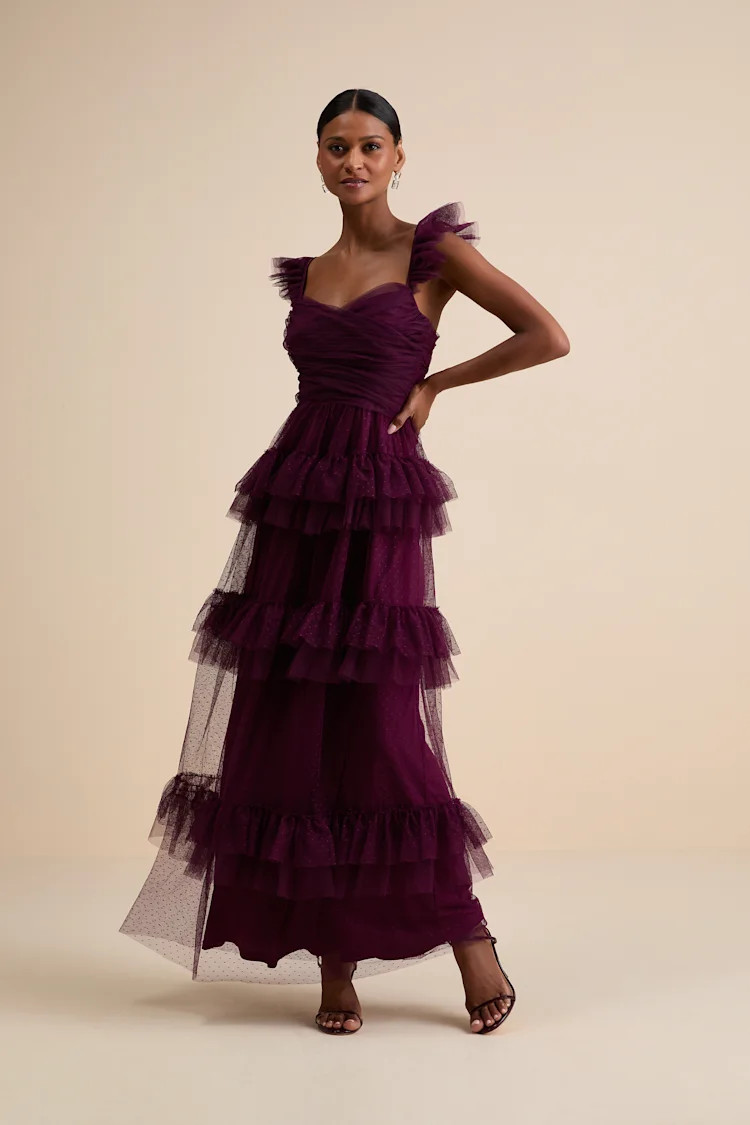 Pure Radiance Plum Purple Mesh Swiss Dot Tiered Maxi Dress | Lulus