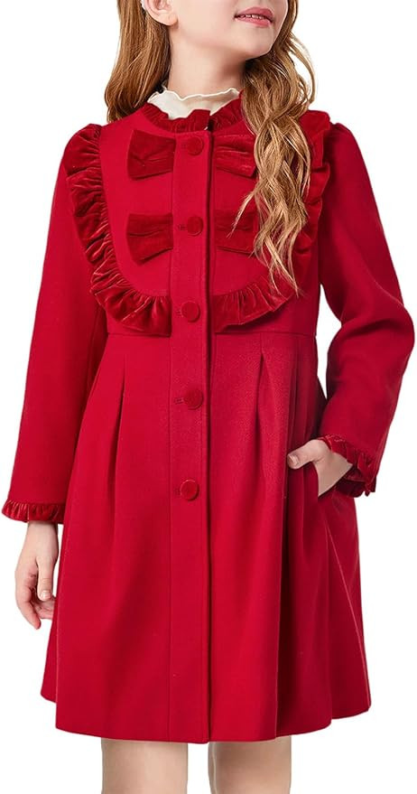 Haloumoning Girls Dress Coat Kids Ruffle Button Down Cute Bow Long Winter Jackets with Pockets 3-... | Amazon (US)
