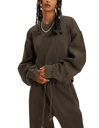 Flygo Women Sweat Set Sweatsuit Fleece 2 Piece Joggers Tracksuit Outfits Crop Sweatshirt Sweatpants Sets(Coffee-L) | Amazon (US)
