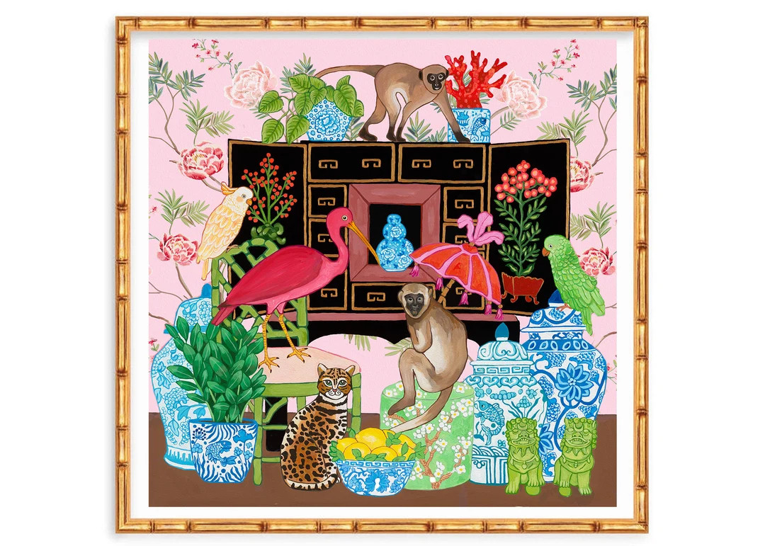 Art Print Chinoiserie Monkey and Cat in the Living Room With - Etsy | Etsy (US)