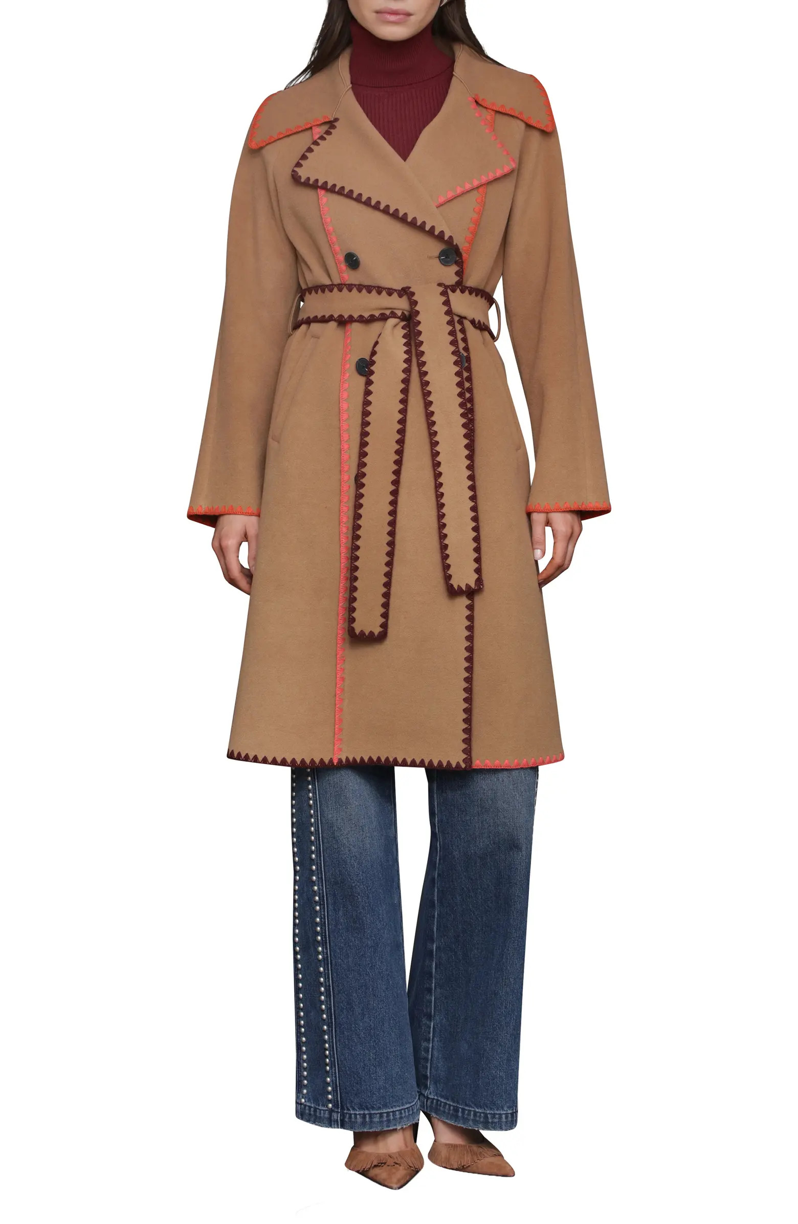 Avec Les Filles Whipstitch Trim Belted Double Face Coat | Nordstrom | Nordstrom